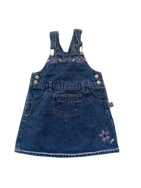 Girls Denim Overall Dress with Purple Floral & Butterfly Embroidery.